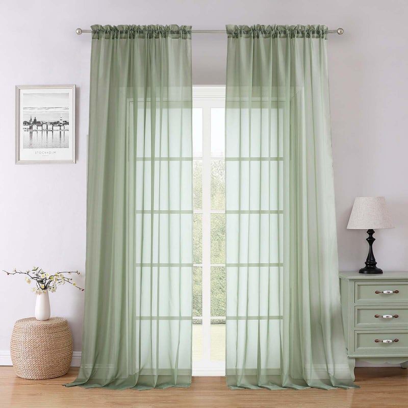 Lecloud ستائر Lecloud Sage Green الشفافة بطول 96 بوصة لوحتين، ستائر شفافة من الفوال متجدد الهواء بجيب مزدوج، ستائر نافذة أنيقة لتصفية الضوء لغرفة المعيشة وشرفة غرفة النوم، 59 بوصة عرض × 96 بوصة طول - Image 1